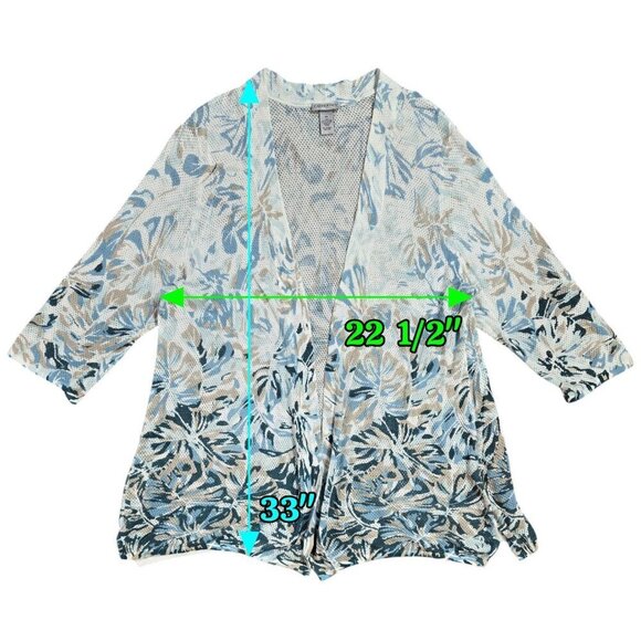 Catherines Ivory Teal Floral Leaf Mesh Open Front Lightweight Cardigan - Picture 3 of 7